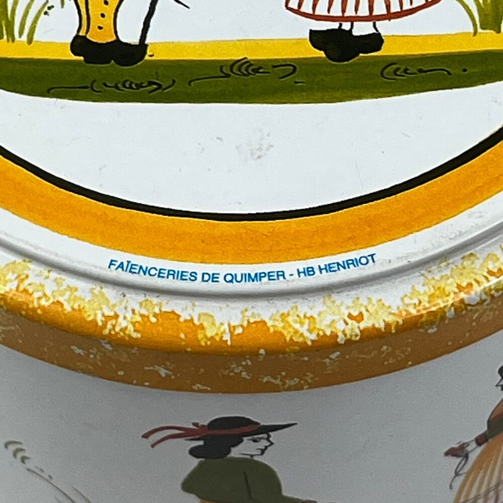 HB Henriot Quimper Yellow Breton Biscuit Tin Massilly France Folk Art 4.5" Round - Picture 8 of 11